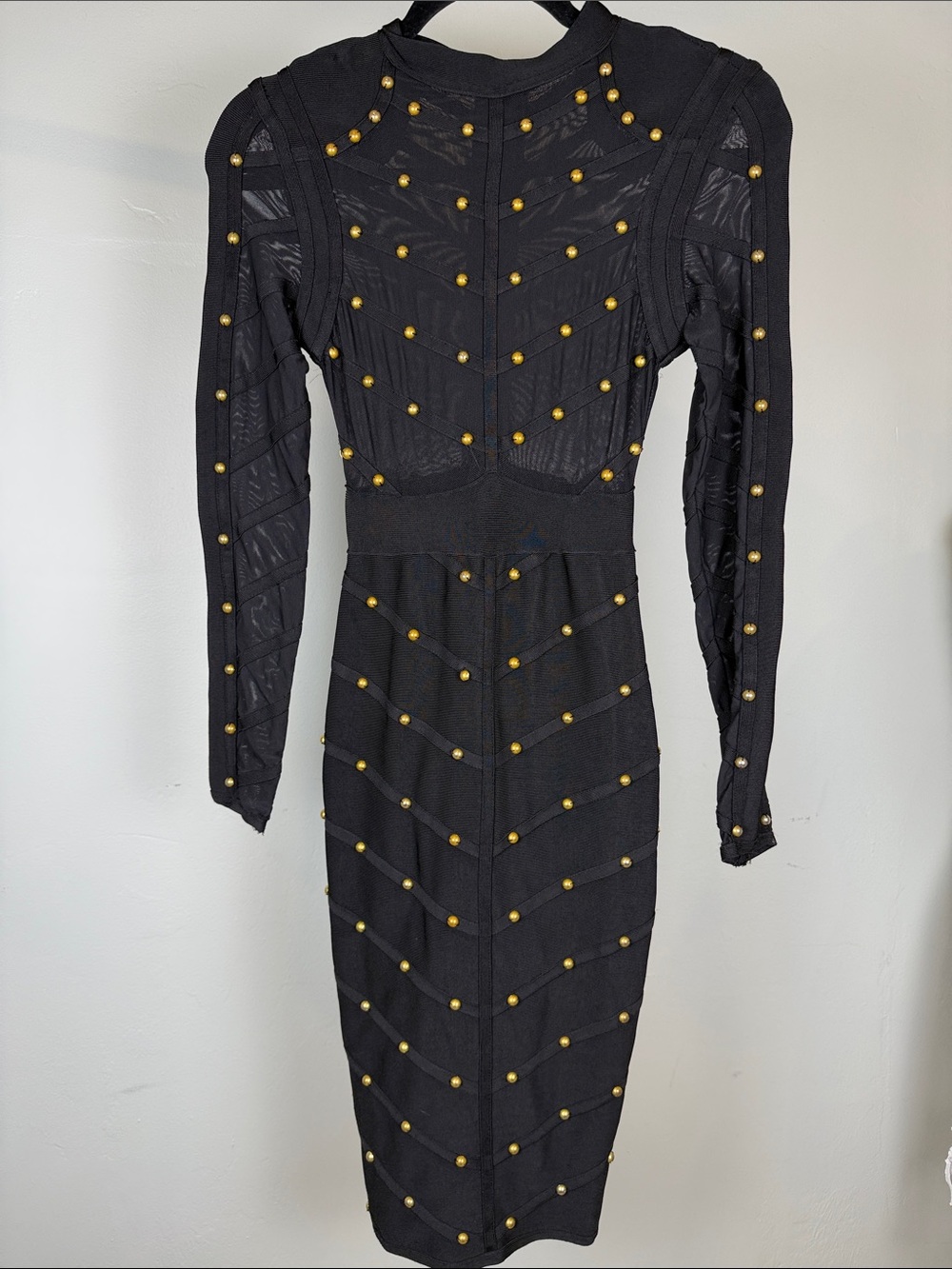 Black Sheer Mesh Cage Structured Long-Sleeve Studded Bodycon Bandage Midi Dress